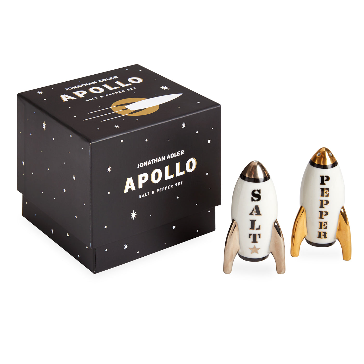 apollo salt and pepper set porcelain black white gold with box - angle view 1