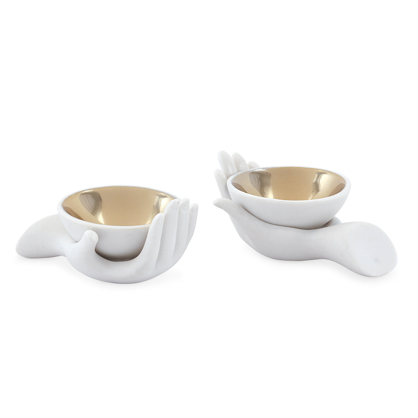 eve salt and pepper cellars porcelain white interior gold - front view
