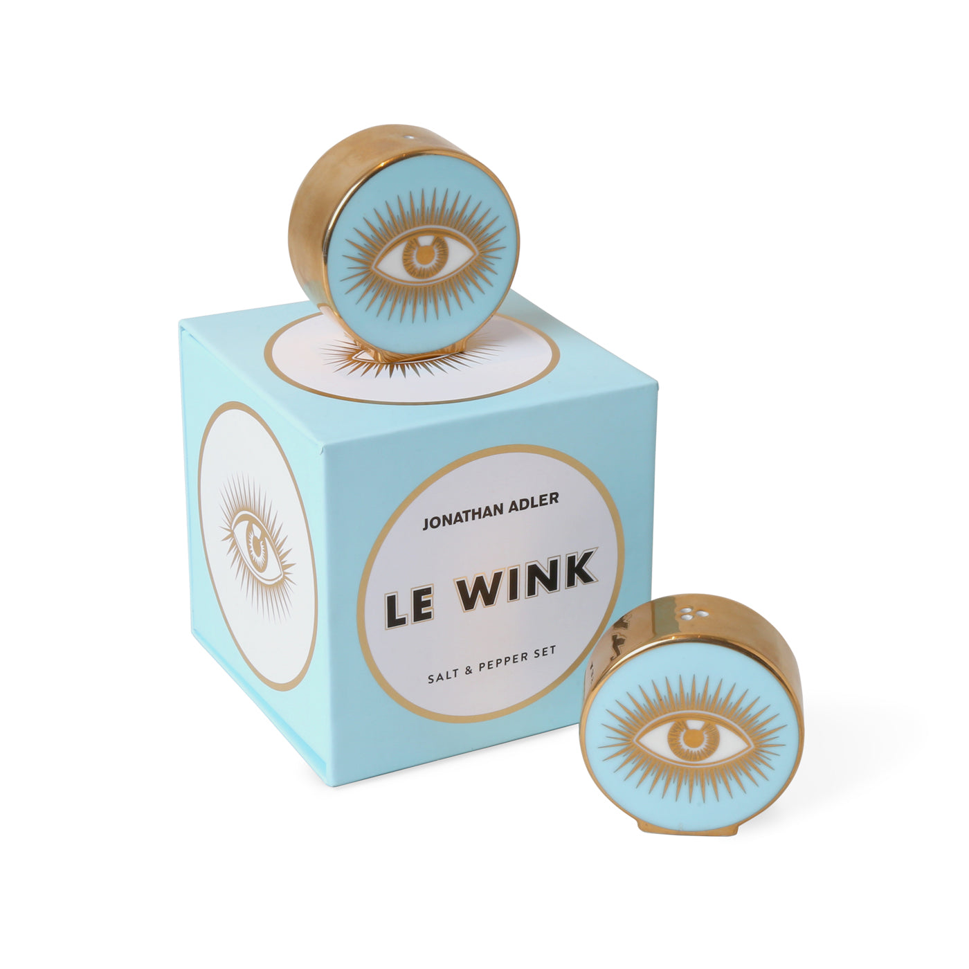 le wink salt and pepper set porcelain blue gold with box - angle view 2