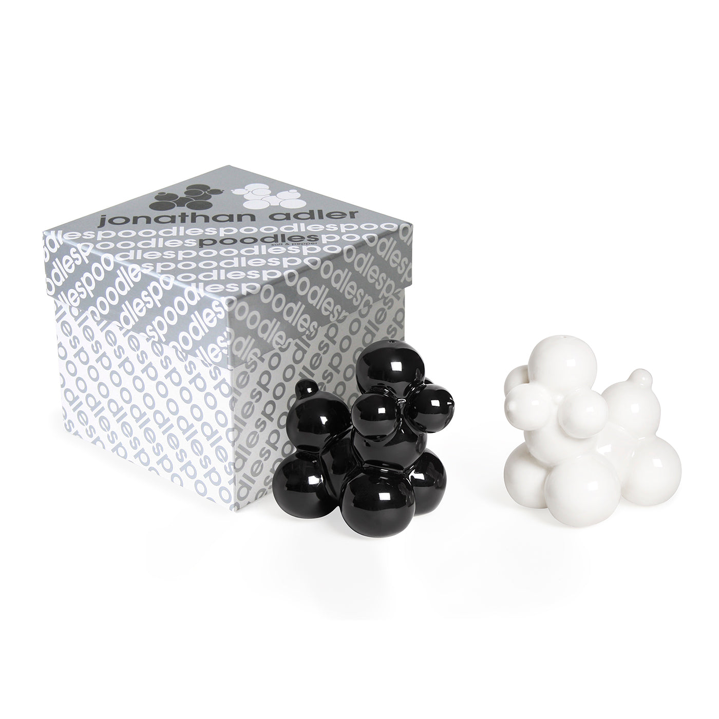 poodle salt and pepper set porcelain black white with box - angle view
