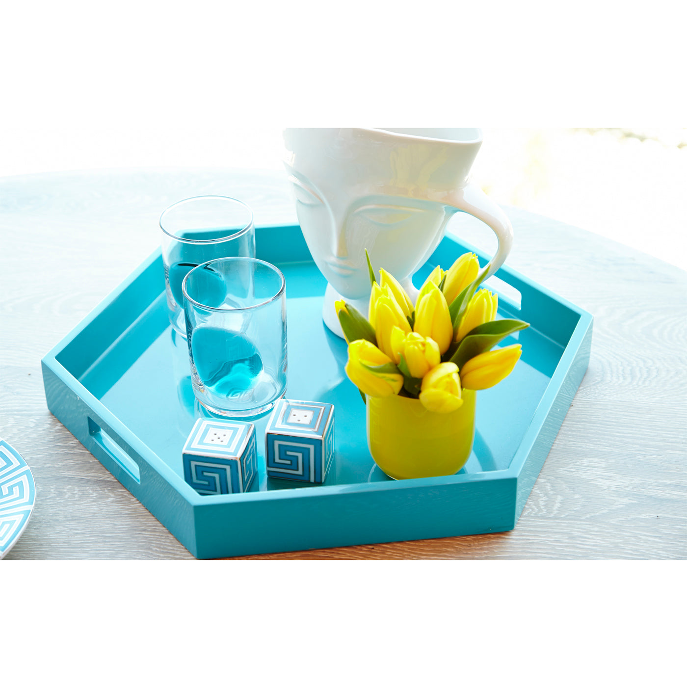 giuliette pitcher blue tray - styled view