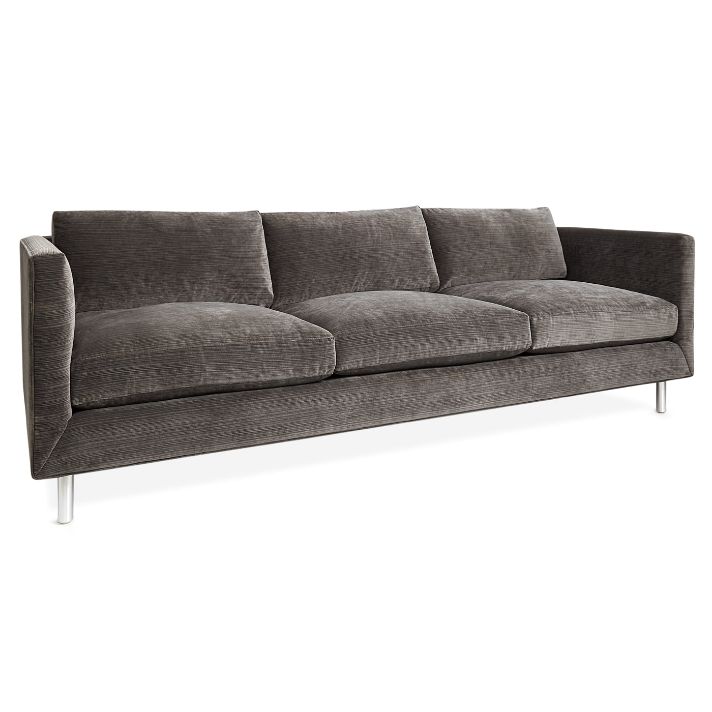 topanga sofa valhalla pewter brown velvet metal base - angle view