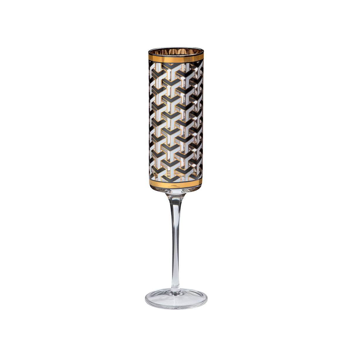 A clear stemmed glass featuring a cylindrical patterned body with a black, white, and gray geometric cube design and gold trim at the top and bottom, shown on a plain white background.