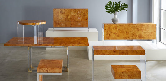  Bond collection uses vintage-inspired, mid-century modern burled wood, finished with contemporary clear acrylic accents. The line includes dressers, credenzas, console tables, desks, side tables, accent tables, occasional tables, and dining tables.