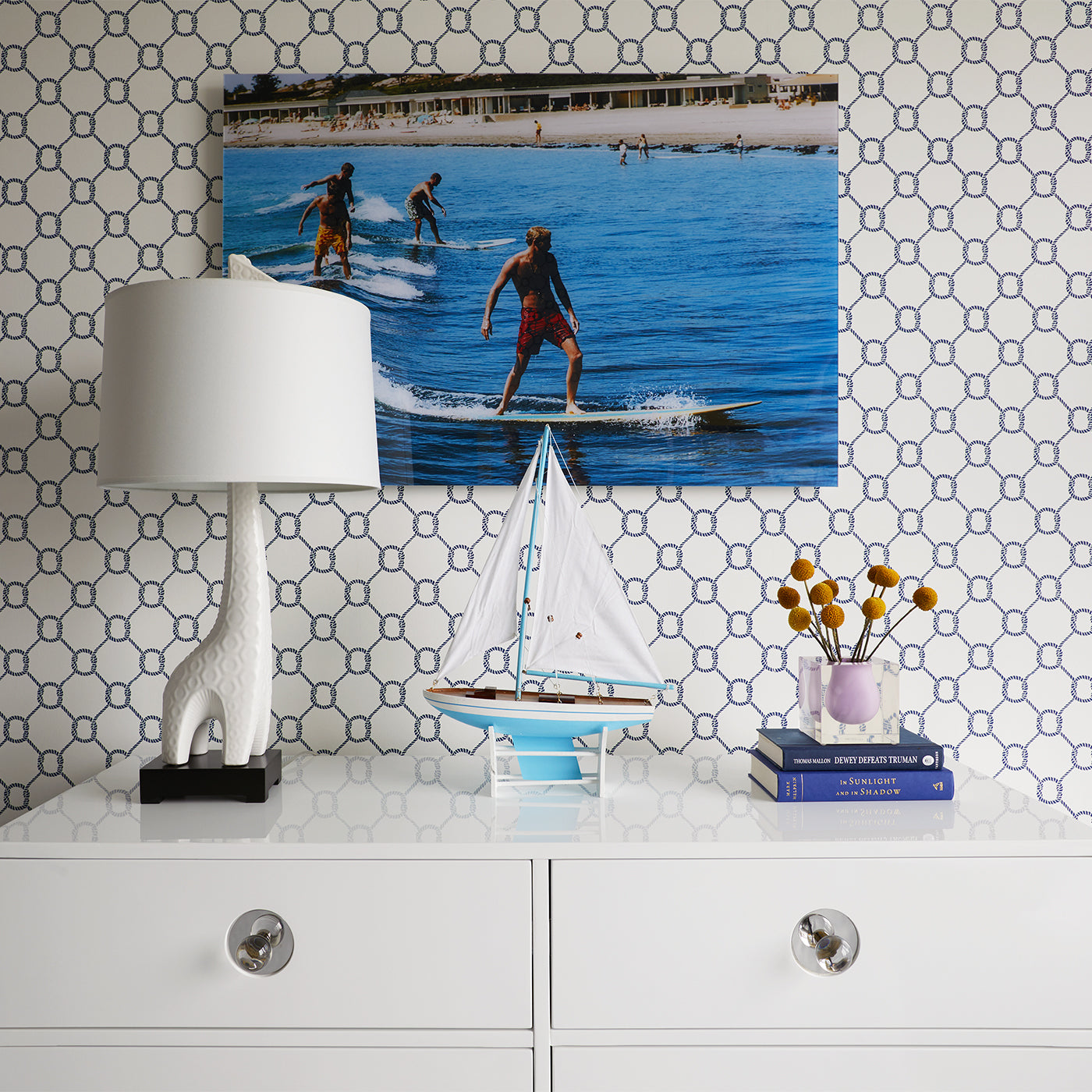 slim aarons "surfing brothers" photograph channing six-drawer dresser - styled view