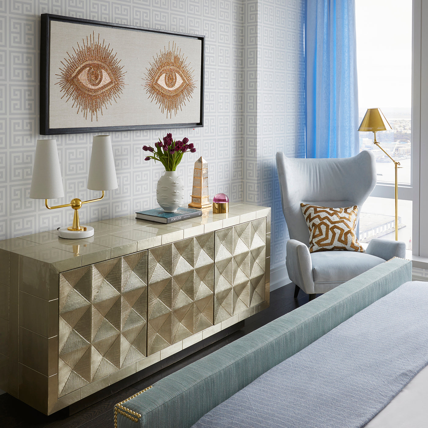 eyes beaded wall art lampert bed - styled view