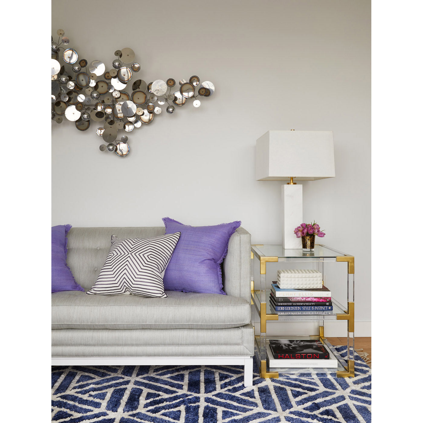 jacques two-tier side table canaan marble table lamp lampert t-arm sofa living room - styled view