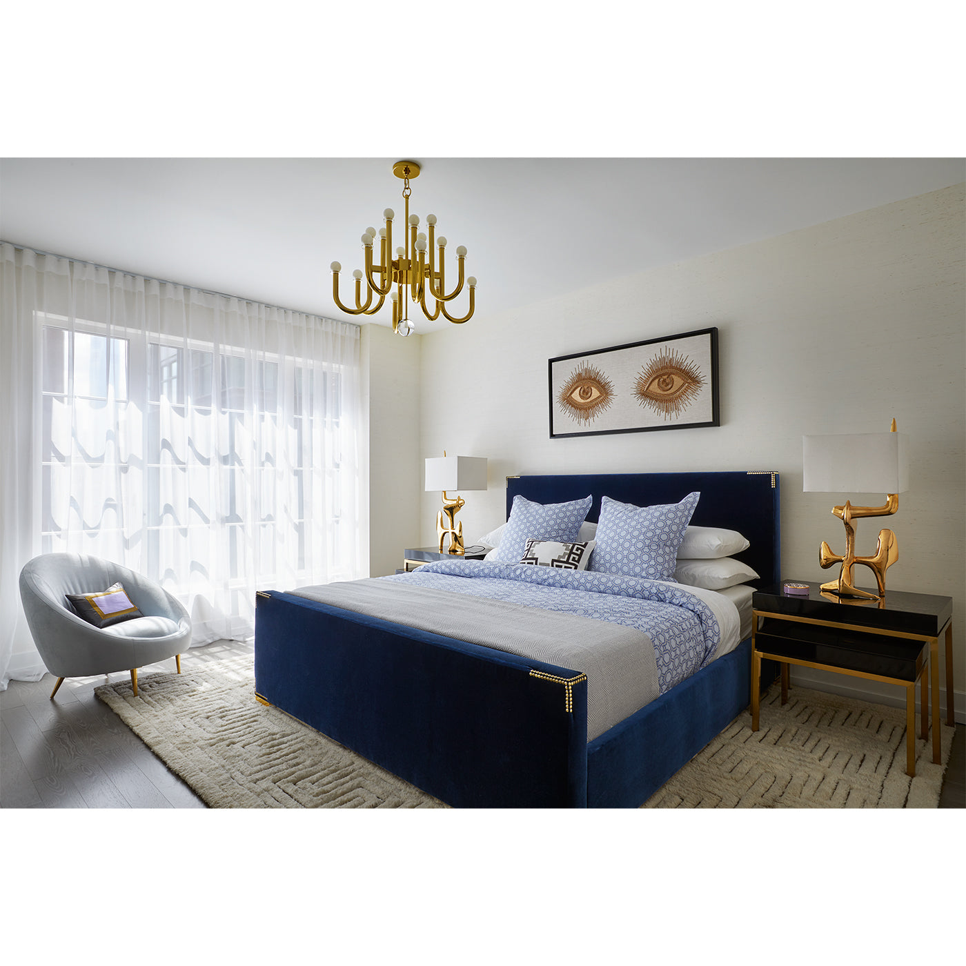 connery king bed valhalla midnight brass eyes beaded wall art ether chair bedroom - styled view