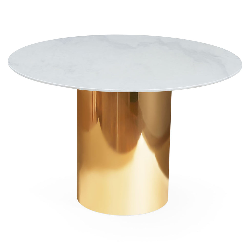 Round dining table with white marble top and gold base