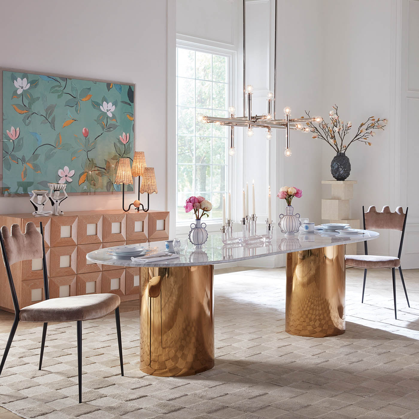milano linear chandelier jacques dining table rider dining chairs - styled view