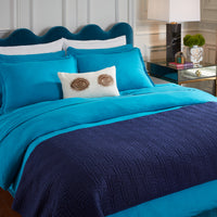 getaway linen duvet set teal ripple queen bed beaded eyes pillow - styled view