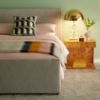connery queen bed bond cantilevered side table globo table lamp - styled view