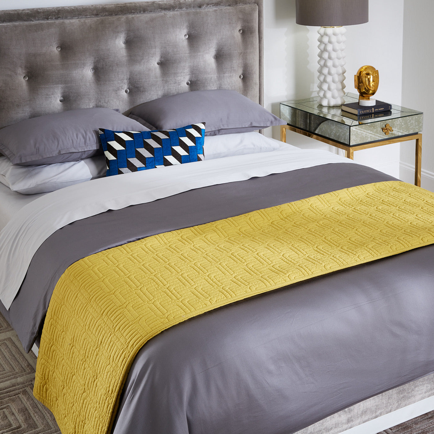 everywhere cotton quilt ochre lampert queen bed - styled view
