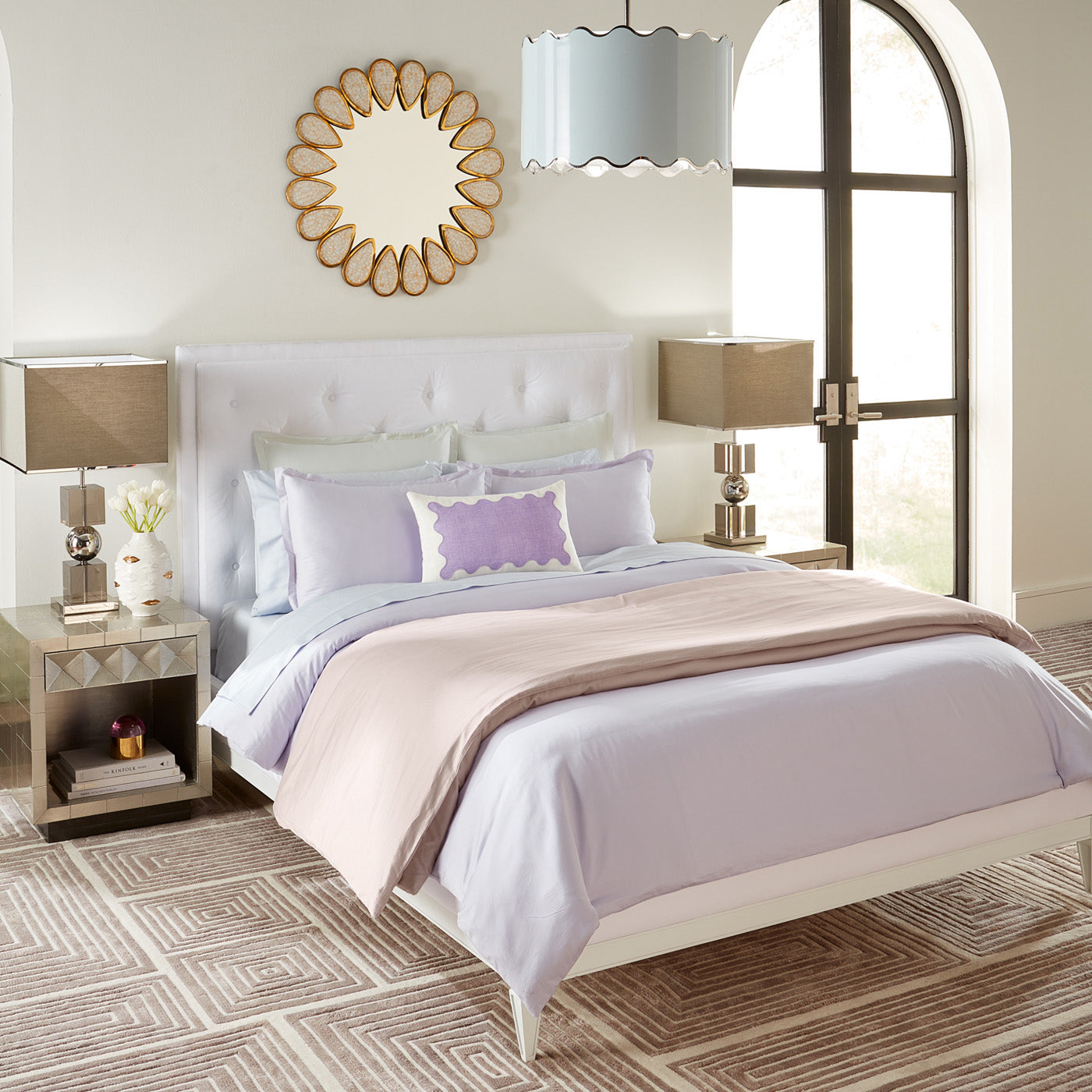 soiree sateen duvet set lampert queen bed ripple rectangular pillow - styled view