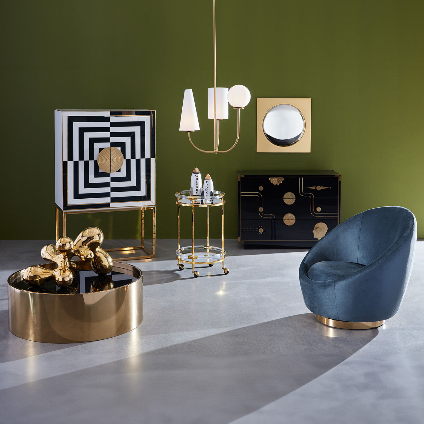op art bar back-painted black and white glass brass frame and handles - angle view
