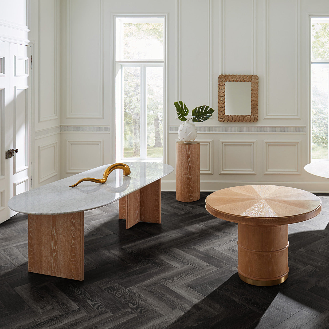 brussels t base dining table - styled view