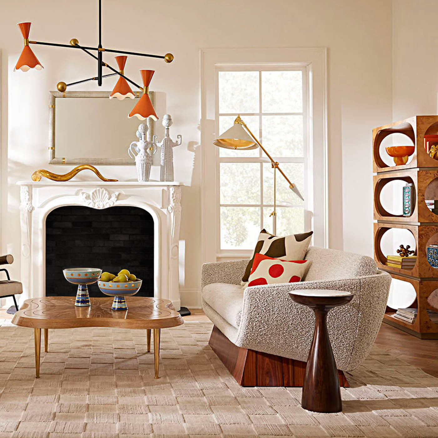 Ripple Articulating Chandelier with Beaumont Settee - styled view