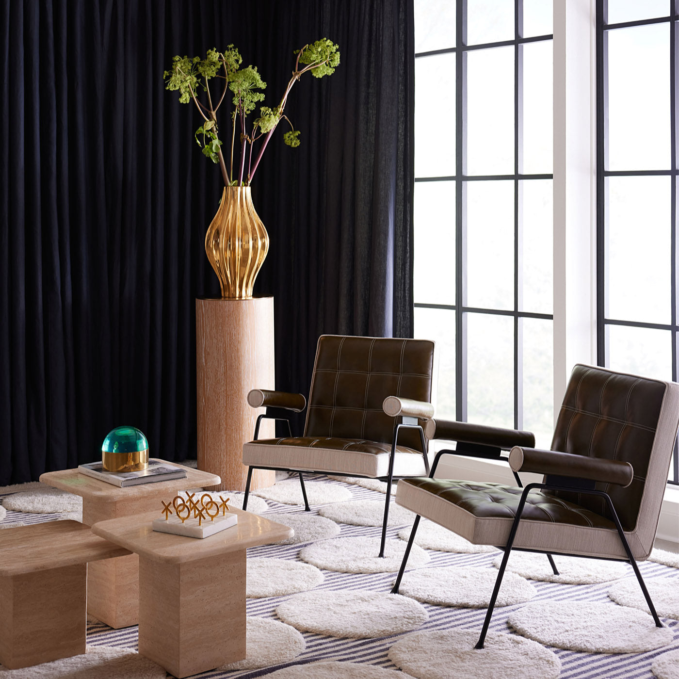 brass tic-tac-toe set marble base with belmondo lounge chair