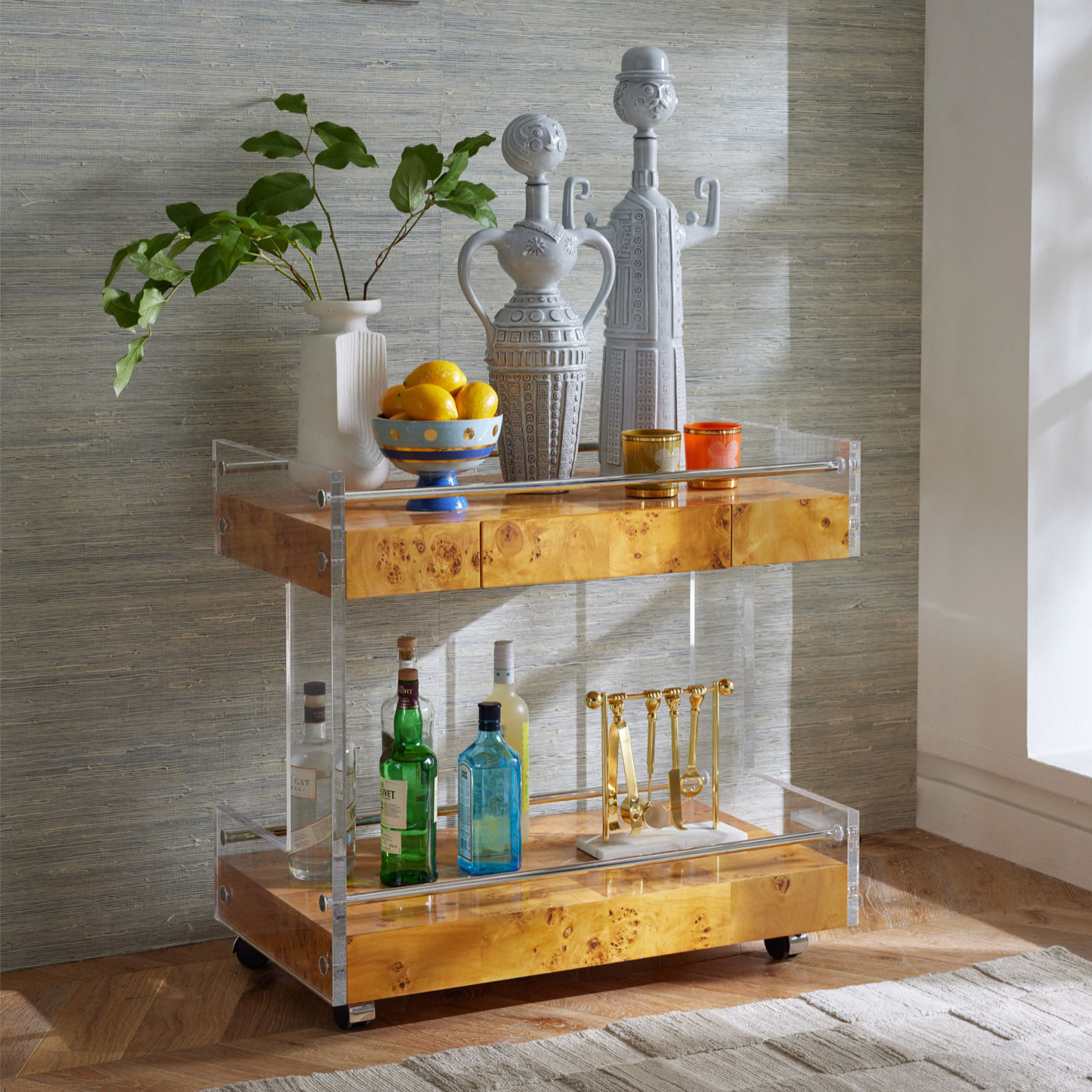 bond bar cart rocket decanters bar accessories - styled view
