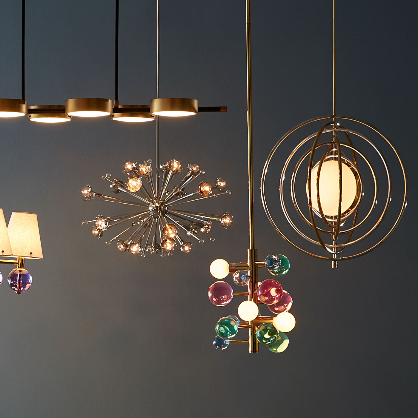 globo five-light chandelier acrylic clear brass - view 2