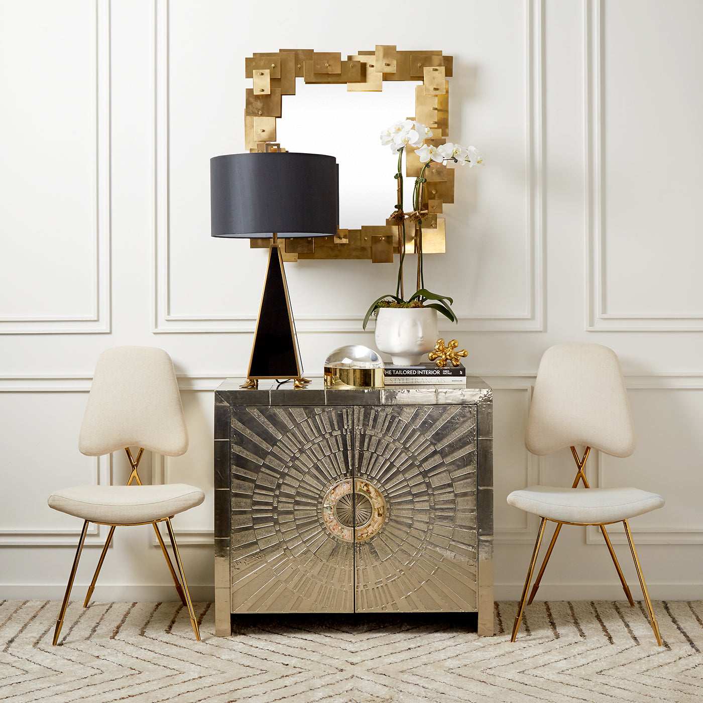 talitha cabinet nickel maxime dining chairs globo box dora maar bowl vignette - styled view