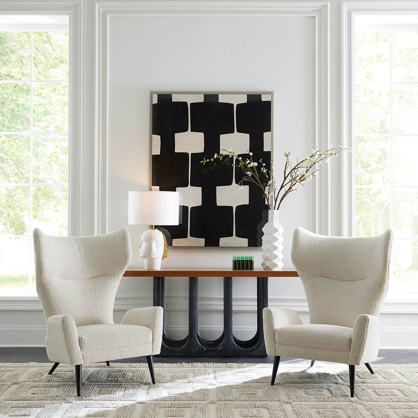 Paule Marrot Black and White Abstract 4 with Bond Dining Table