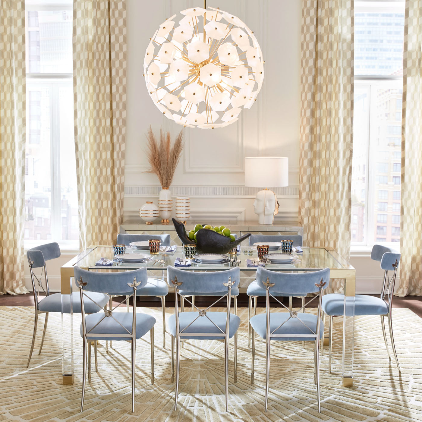 jacques dining table rider dining chairs milano linear chandelier dining room - styled view