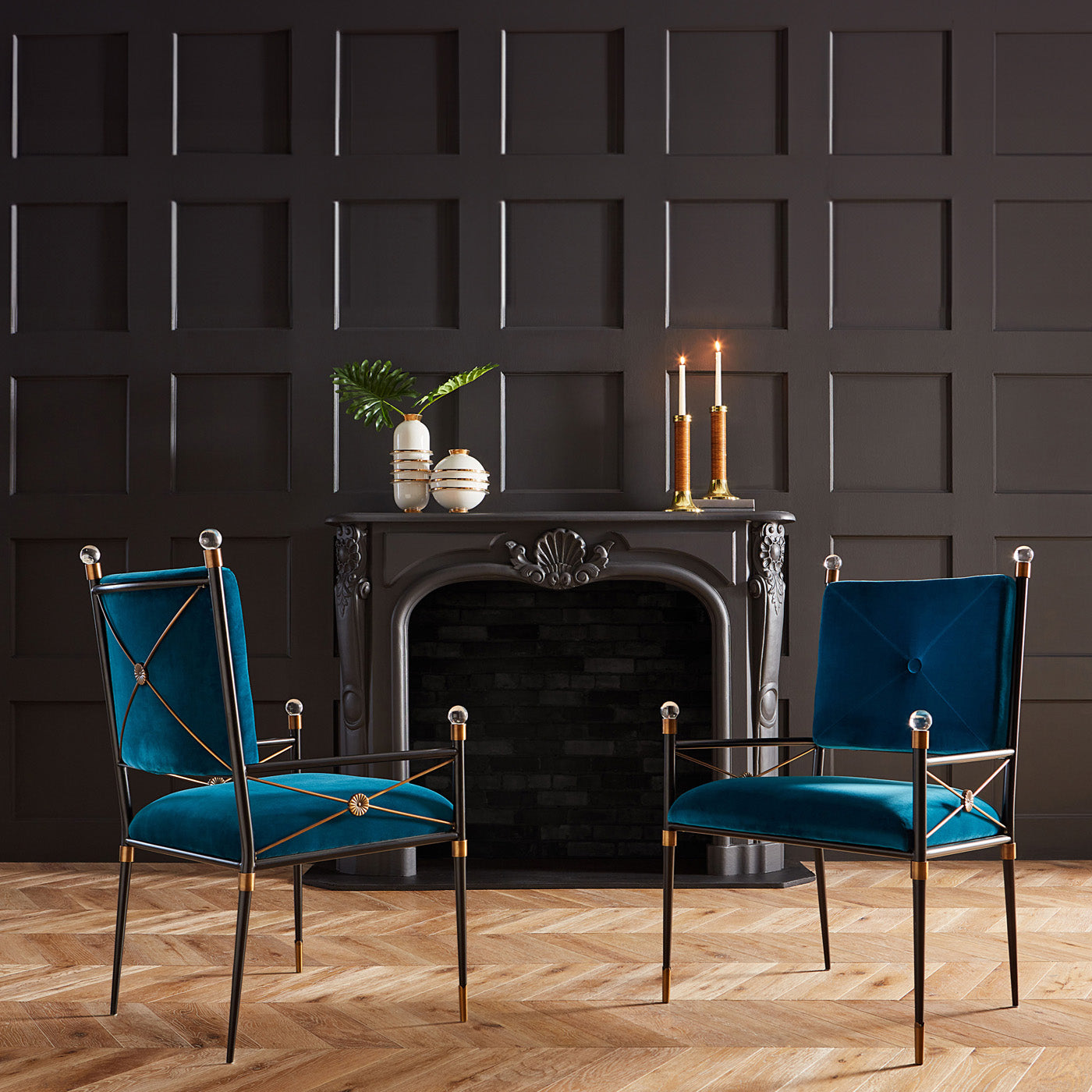 rider arm chair rialto peacock velvet black brass frame - front view