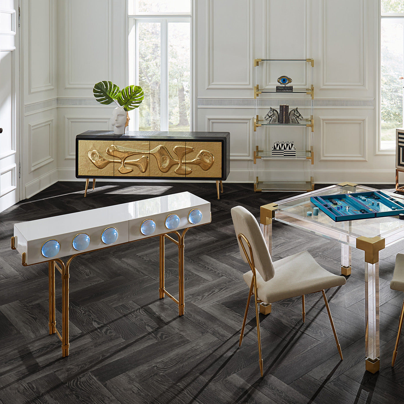 globo console white lacquer blue acrylic globes brass frame with reform credenza