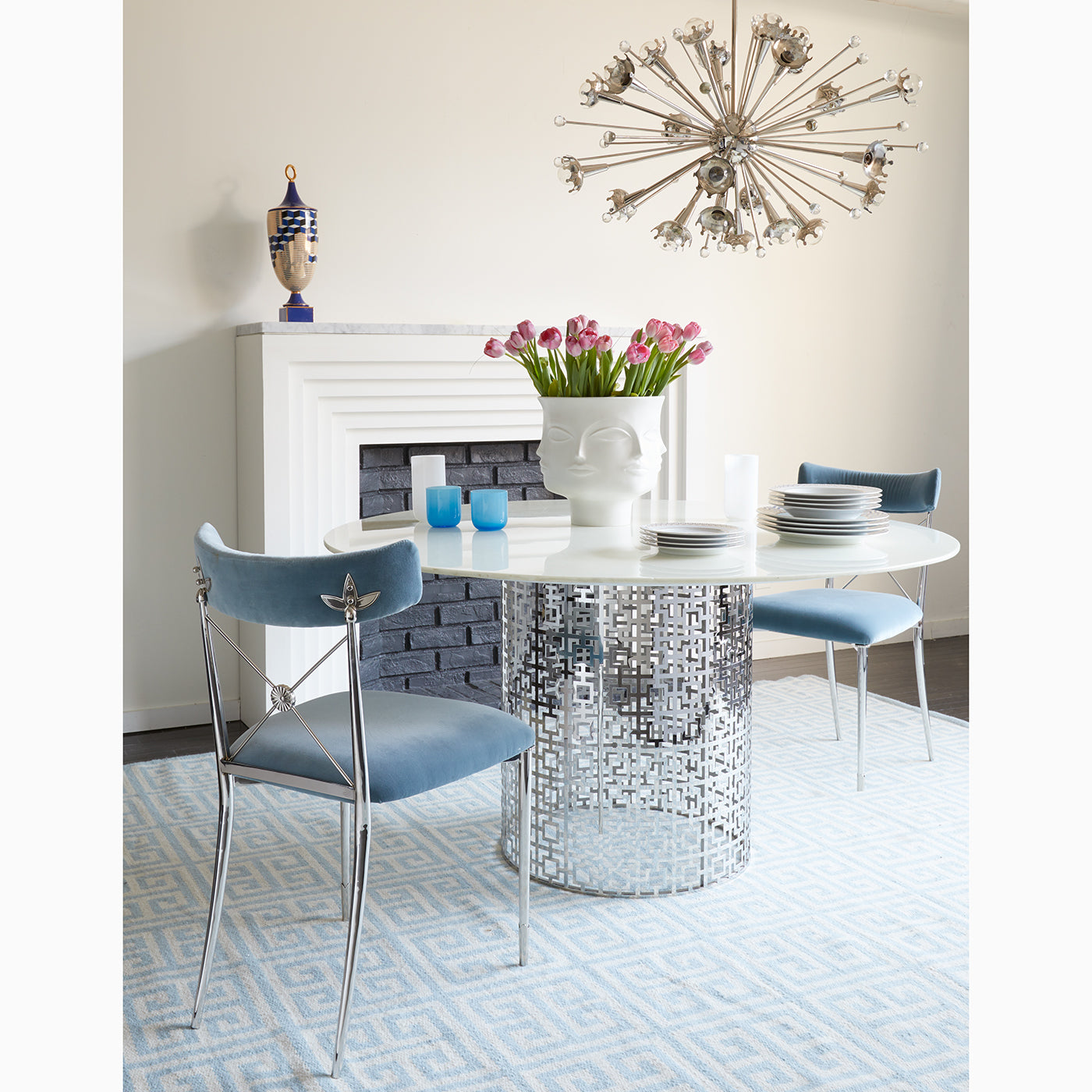 rider dining chair rialto gold canaan accent table vignette - styled view