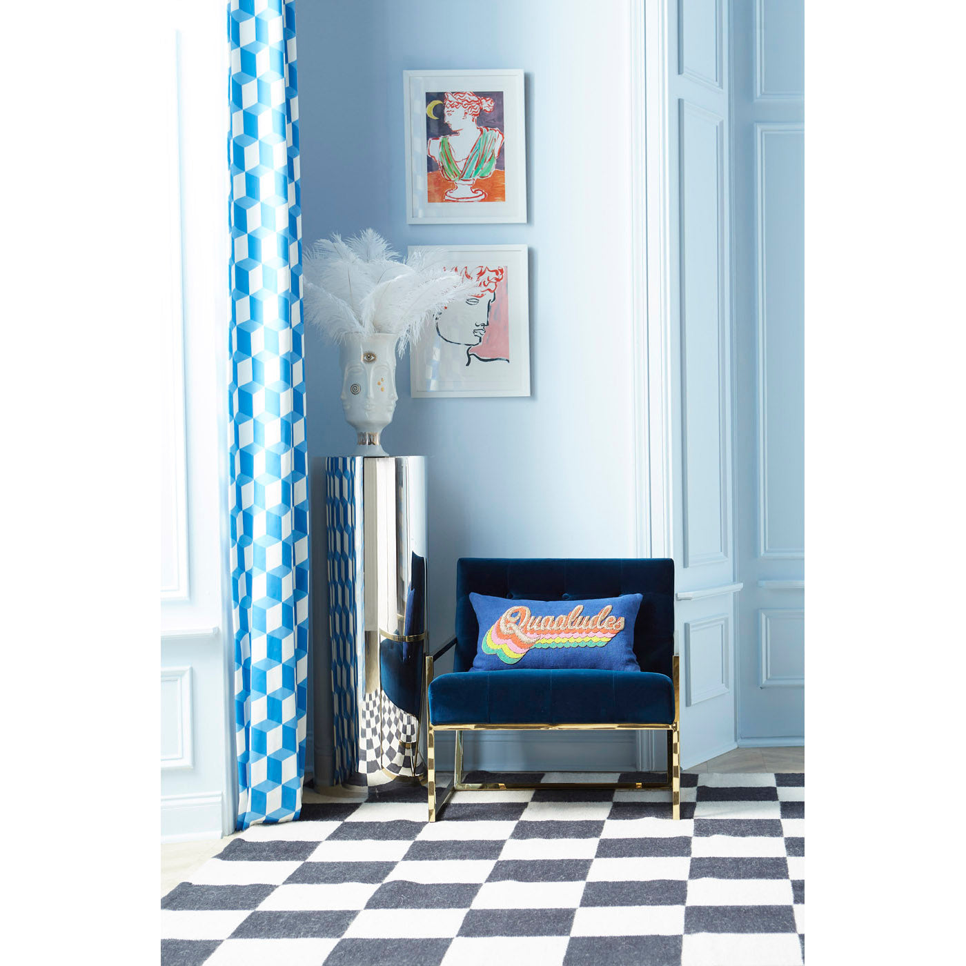 large scale checkerboard flat weave rug wool black white - styled view 1