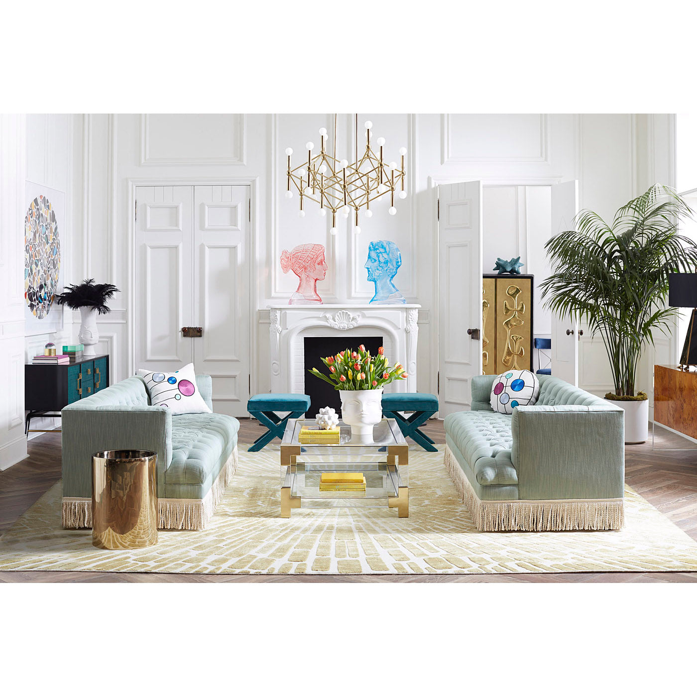 georgia orb box jacques grand cocktail table baxter t-arm sofa with bullion firnge living room - styled view