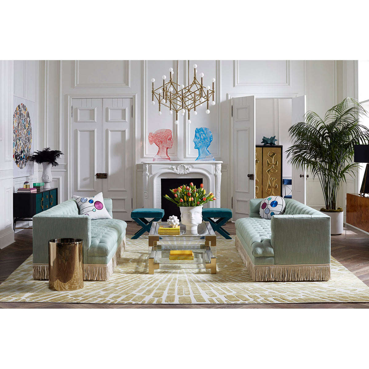 alphaville side table stainless steel baxter t-arm sofas with bullion fringe jacques grand cocktail table living room - styled view