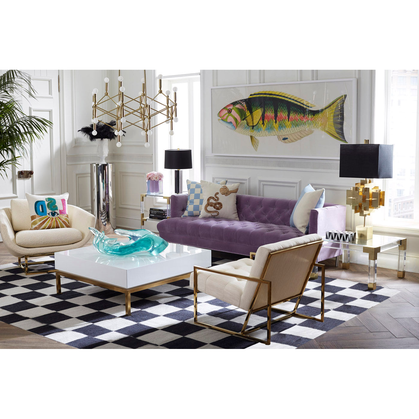 bennet fish 3 print baxter t-arm sofa peking cocktail table - styled view