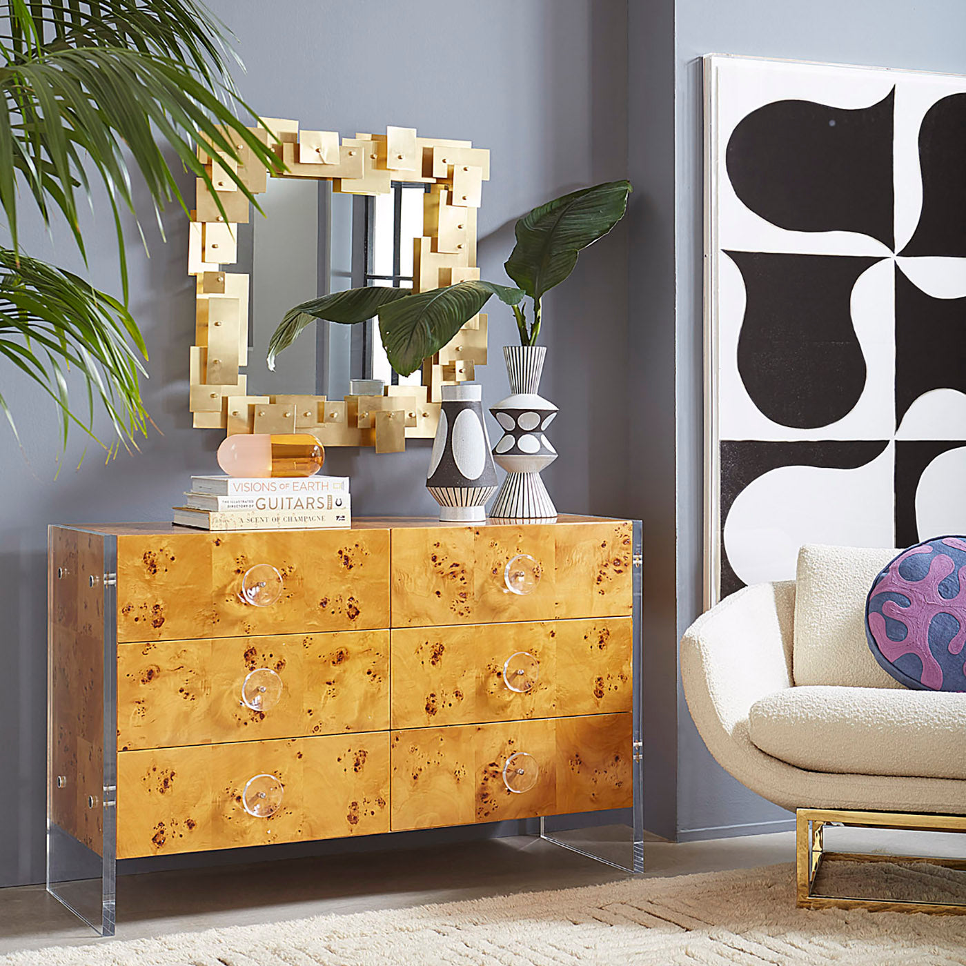 bond six-drawer dresser puzzle mirror palm springs vases - styled view