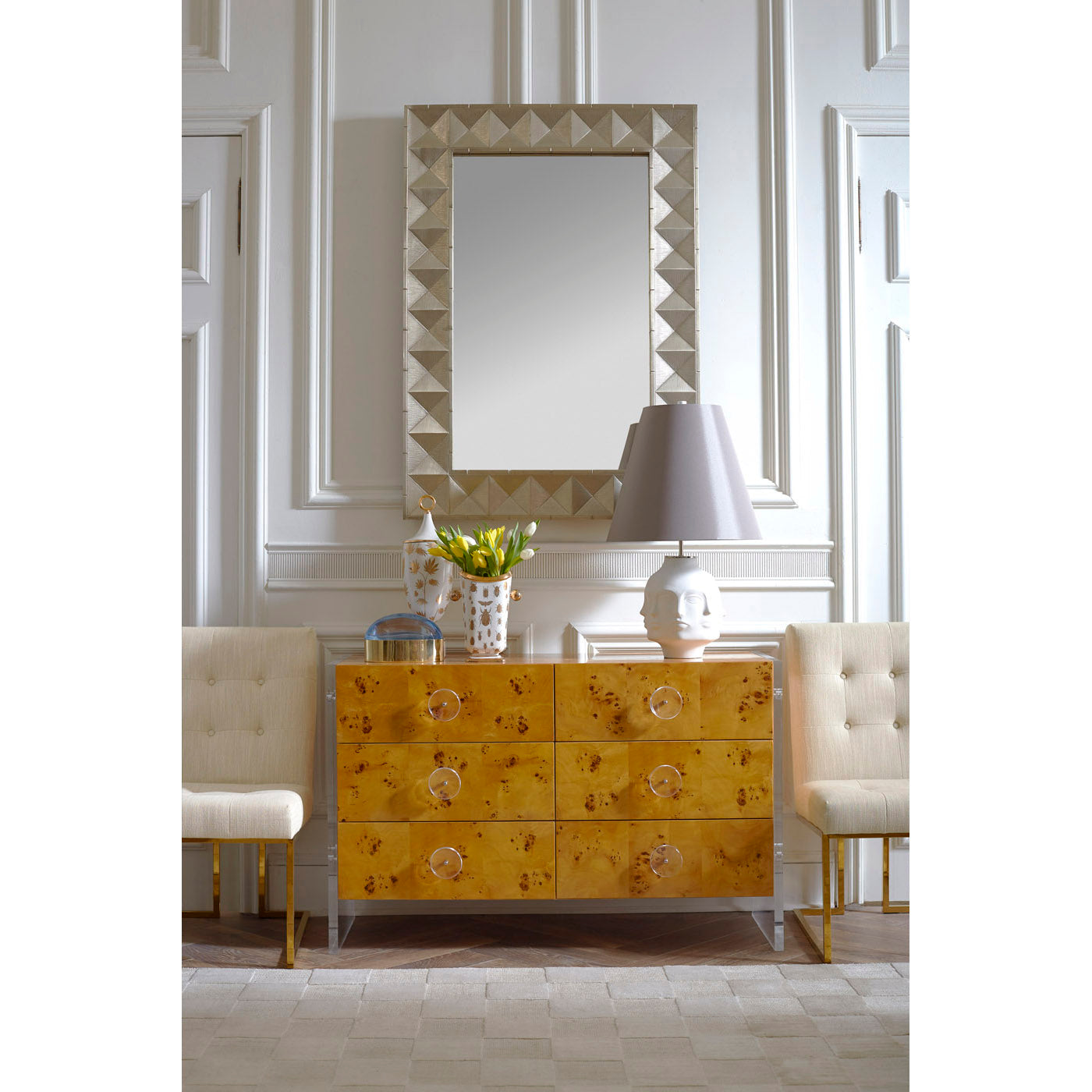 bond six-drawer dresser goldfinger dining chairs talitha mirror - styled view