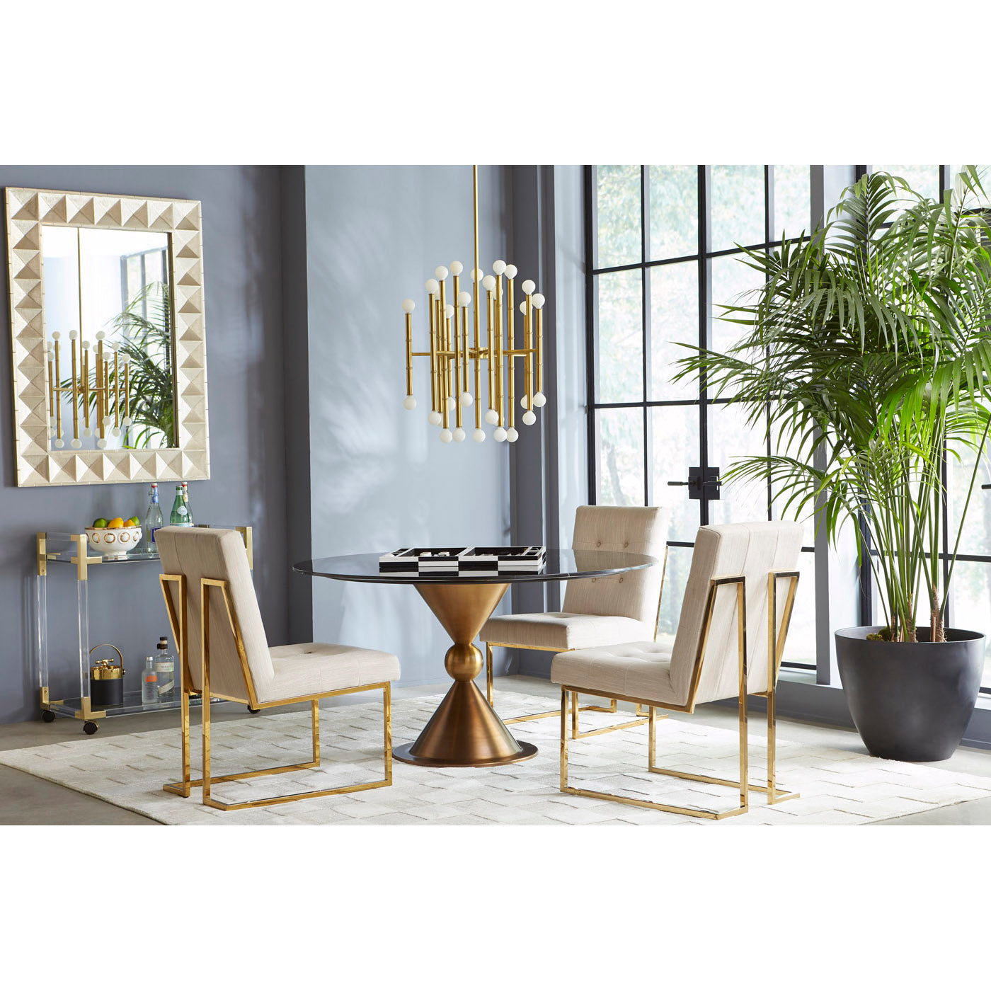 talitha mirror milano chandelier goldfinger dining chairs caracas dining table - styled view