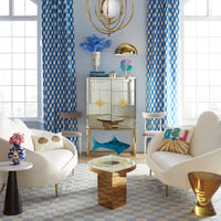 giant acrylic shark delphine bar ether cloud settee harlequin eye cocktail tahble living room - styled view