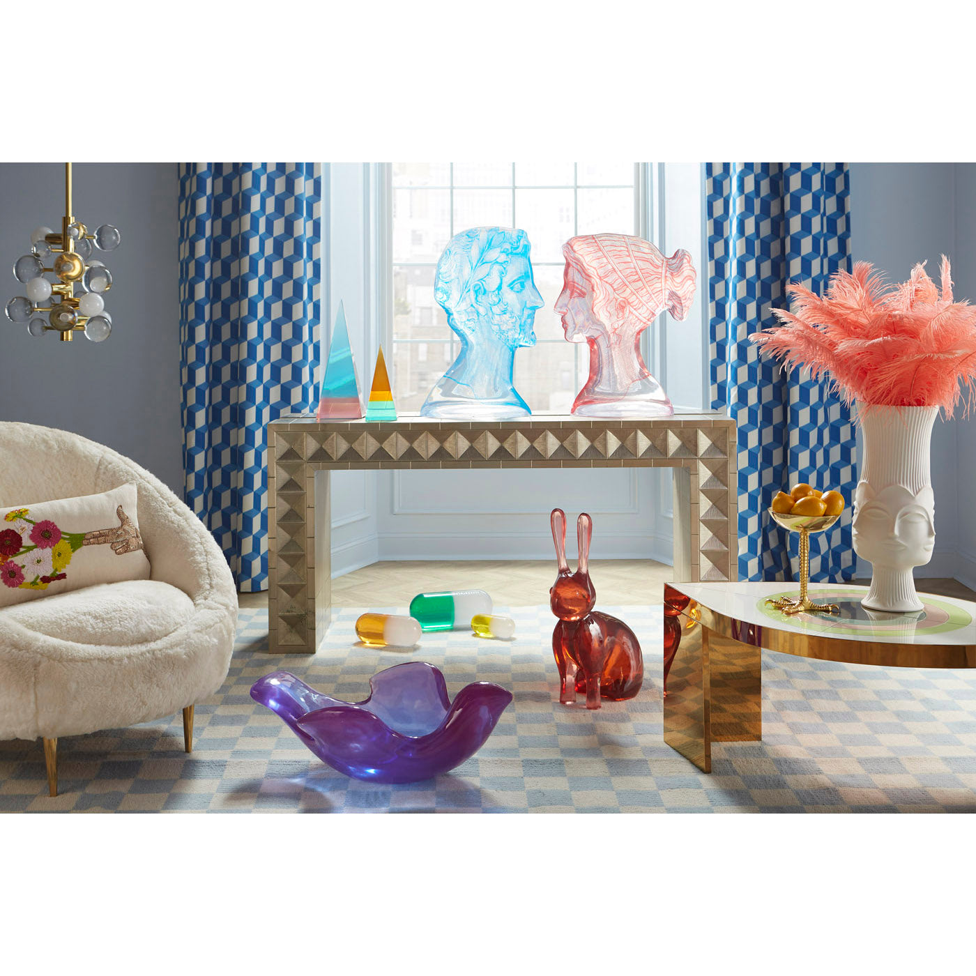 globo five-light chandelier clear bacharach settees brass teardrop tables - styled view