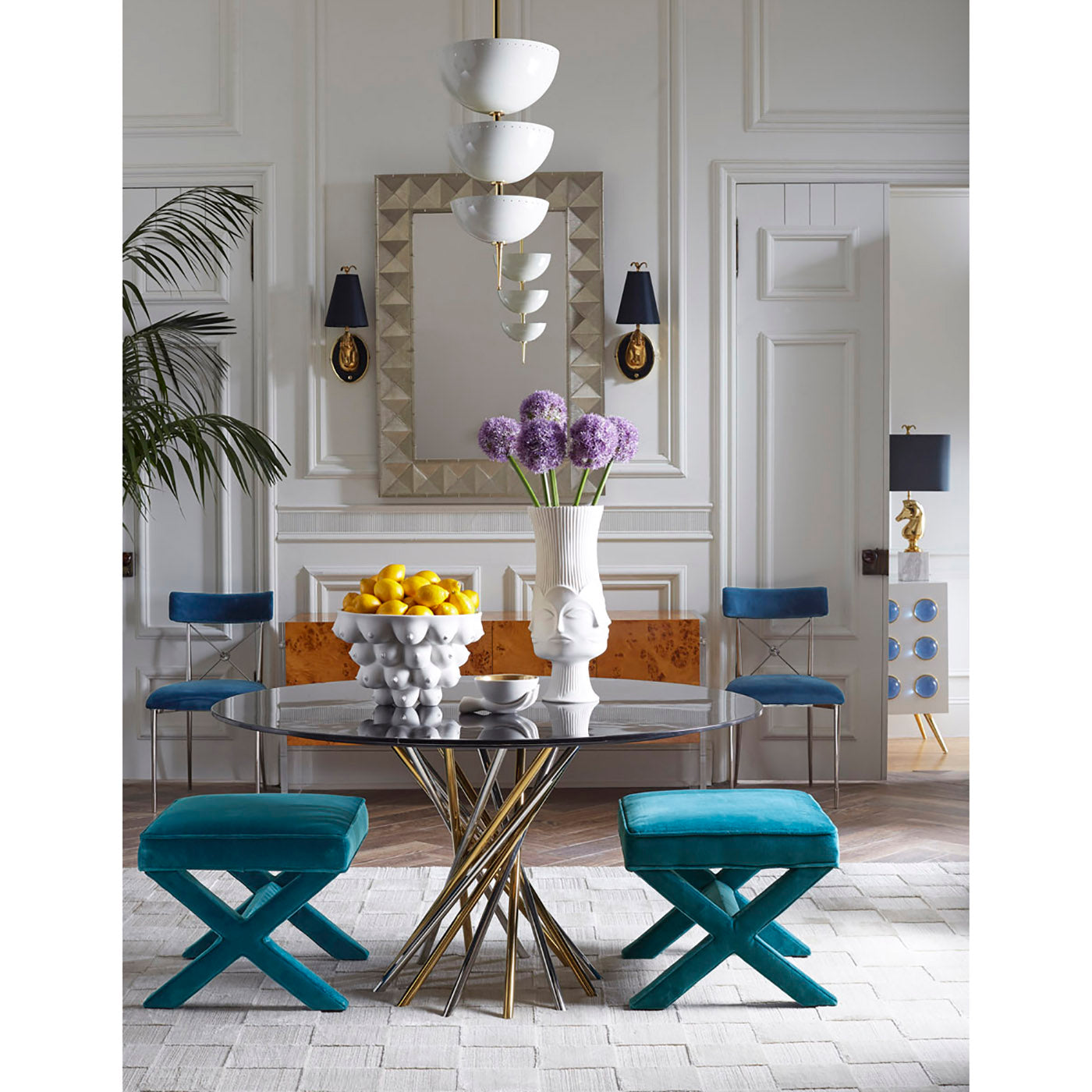talitha mirror lisbon pendant electrum dining table x-benches - styled view