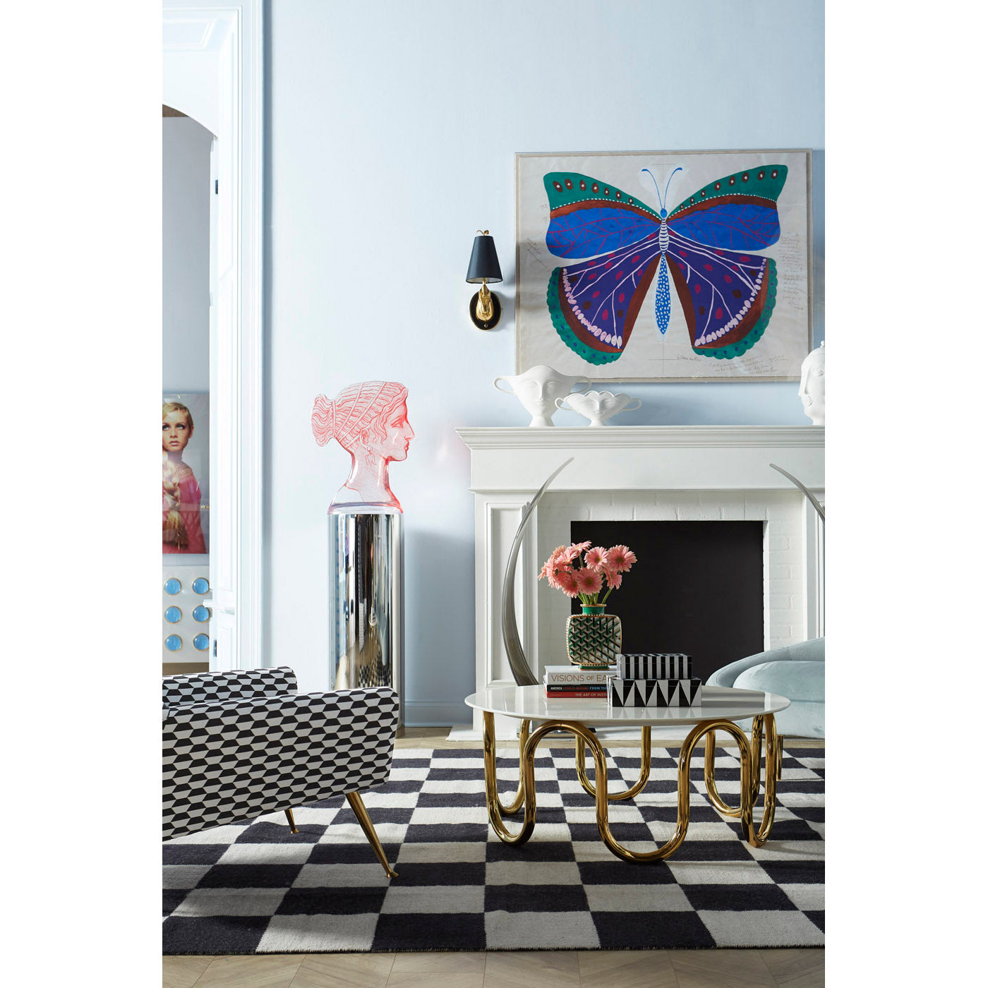 alphaville pedestal scalinatella cocktail table paule marrot butterfly blue print living room - styled view