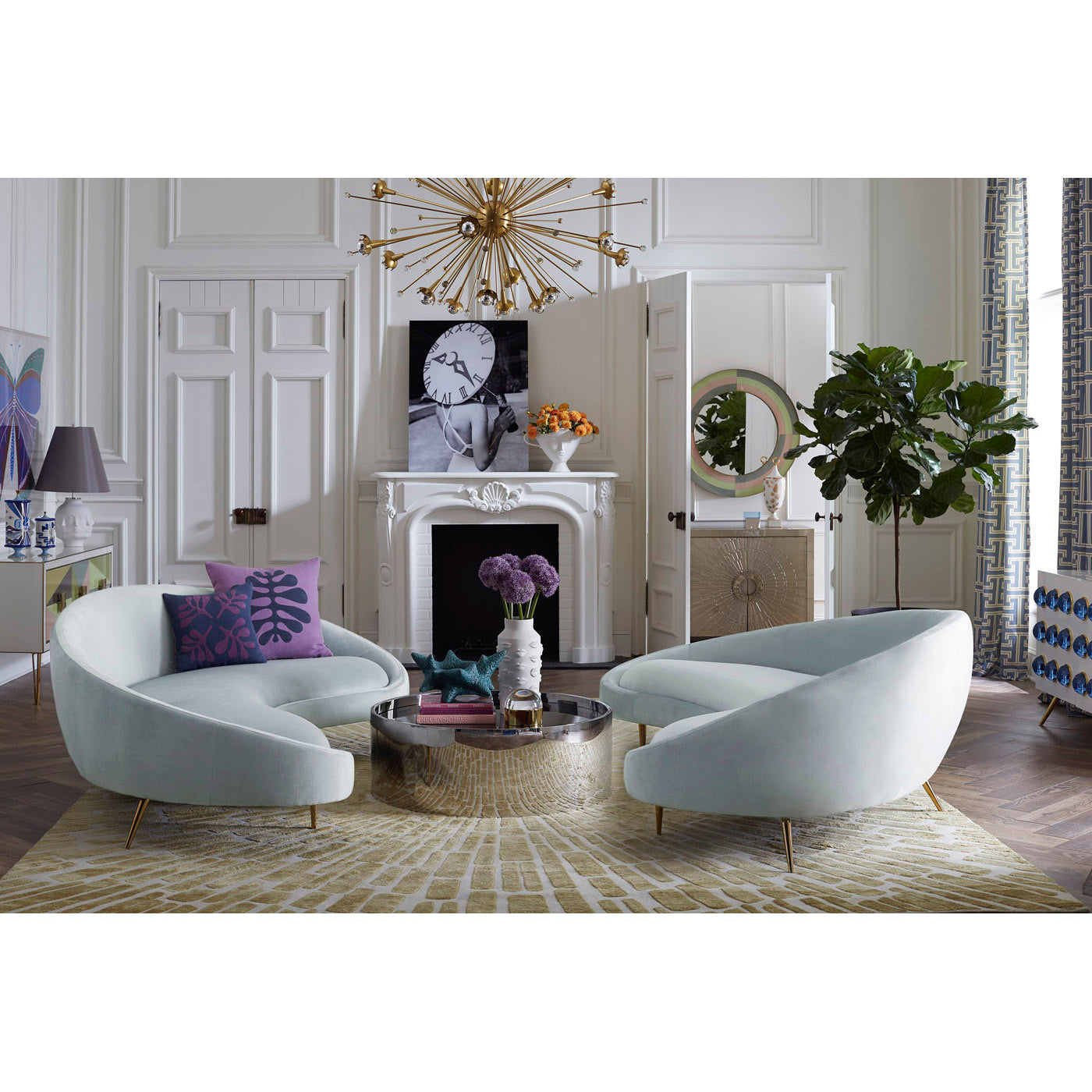 giant gala vase ether curved sofas alphaville cocktail table living room - styled view