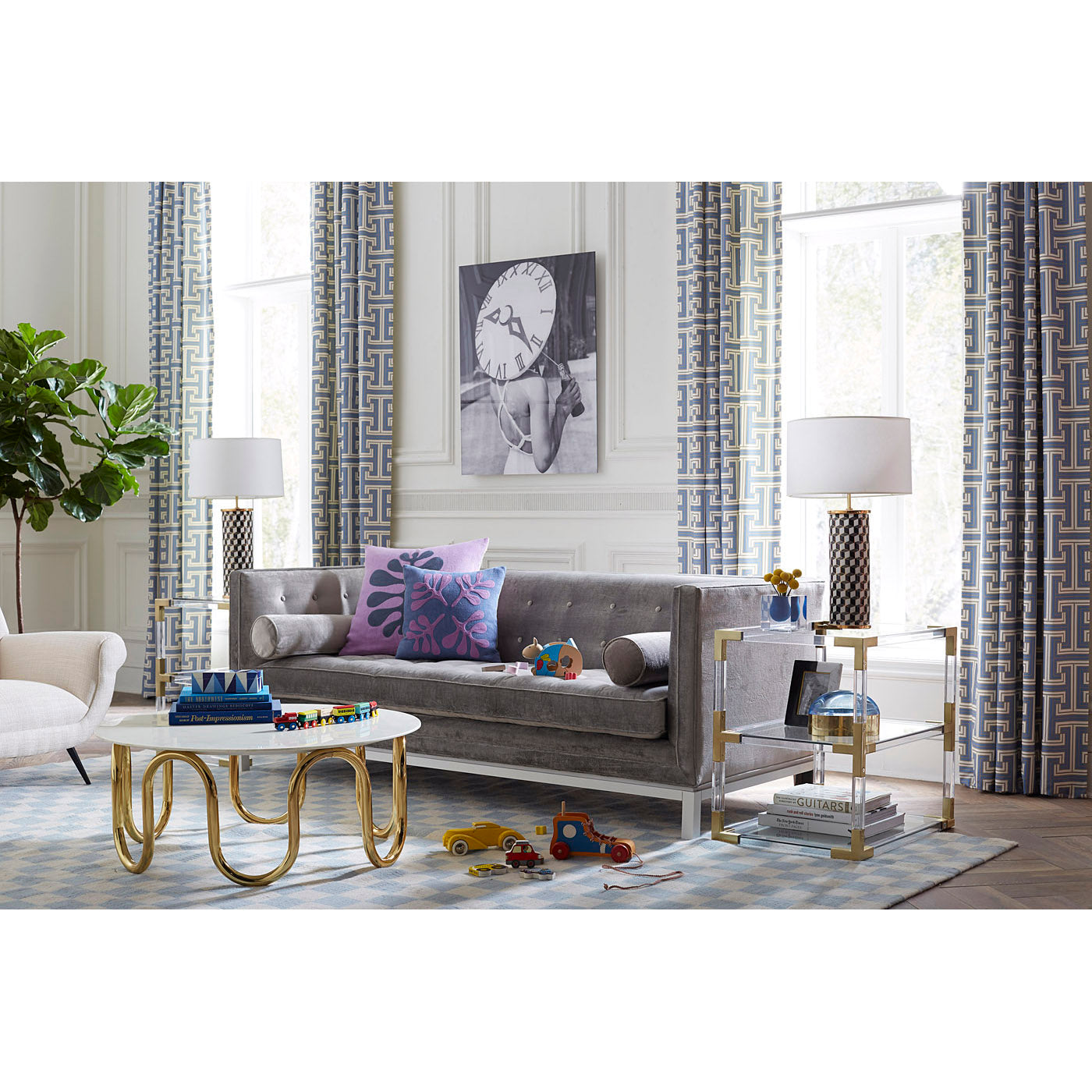 jacques two-tier side table carnaby table lamp lampert sofa living room - styled view