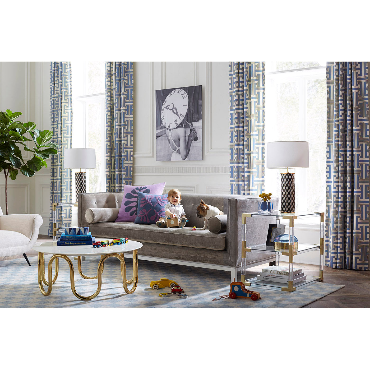 small scale checkerboard flat weave rug blue - styled view 3