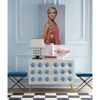 globo cabinet white lacquer blue acrylic globes brass legs - front view