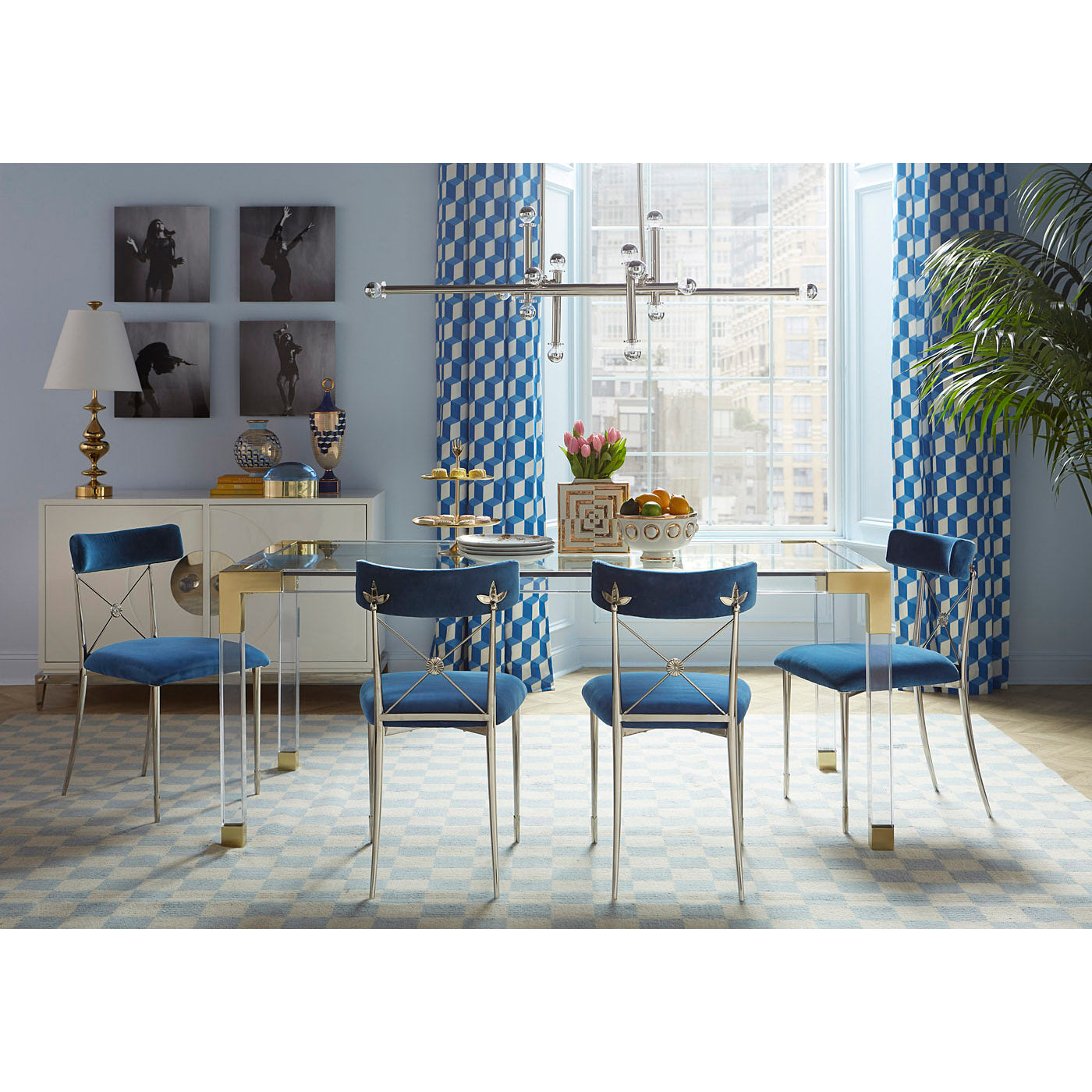jacques dining table glass top brass clear acrylic frame - angle view