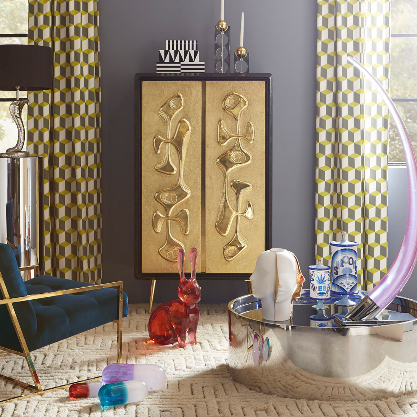 op art lacquer boxes stacked reform cabinet - styled view