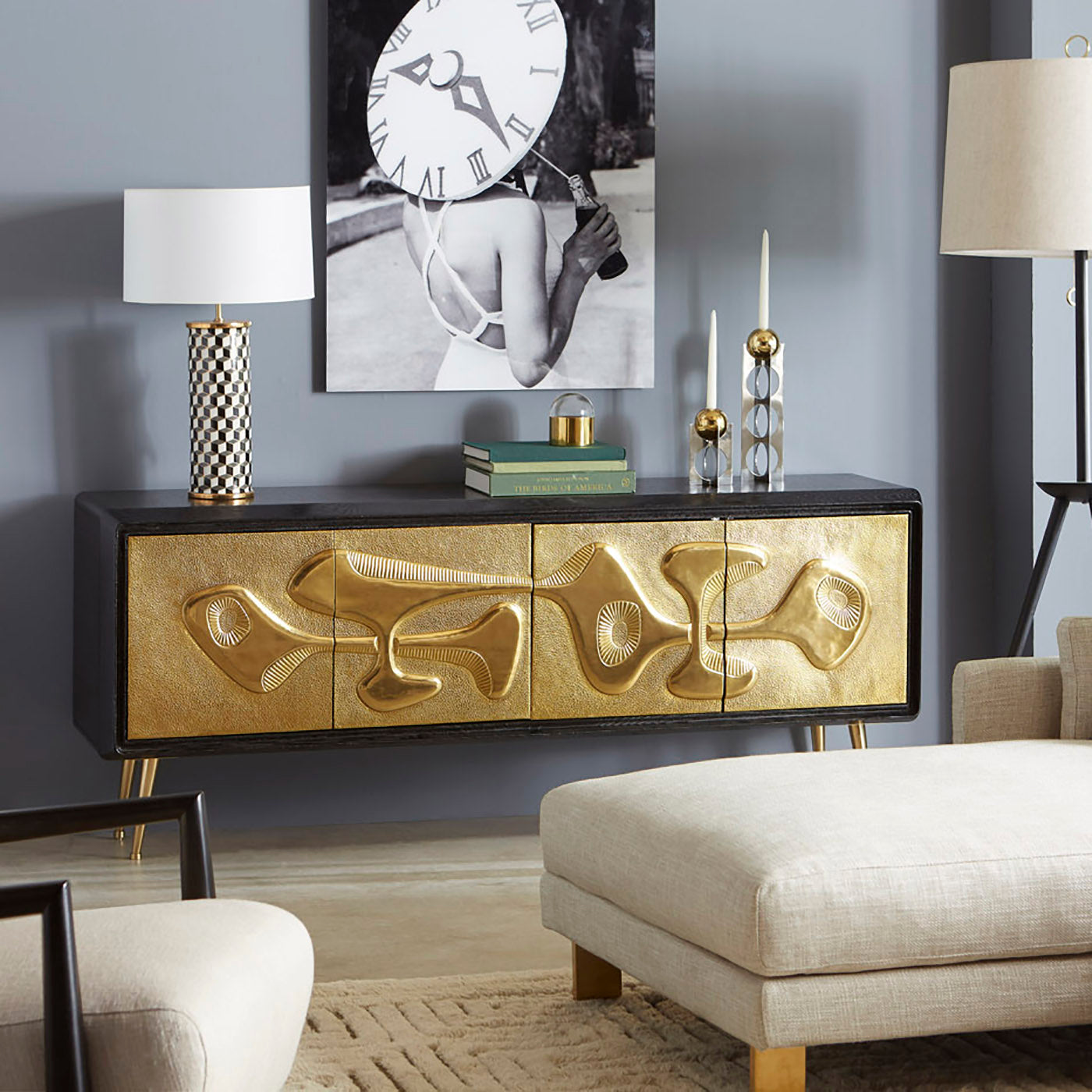 ultra lounge chair ottoman reform credenza living room - styled view