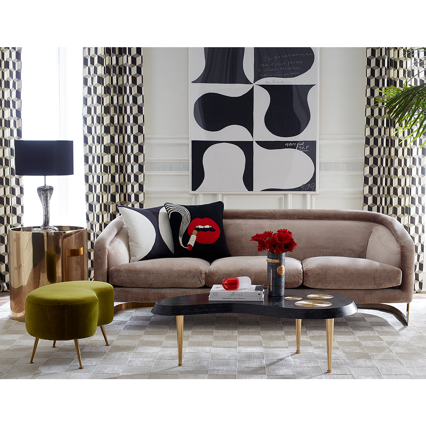 lips smolder needlepoint throw pillow bacharach sofa - styled view