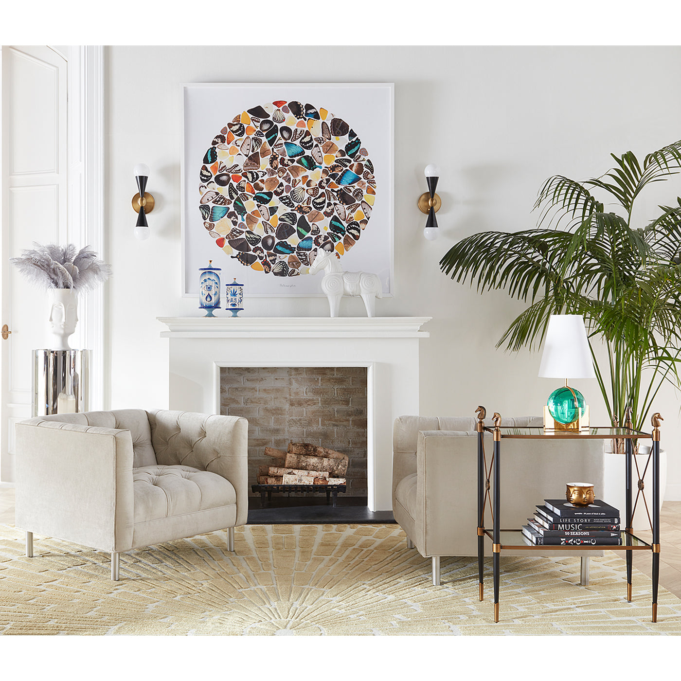 globo vanity lamp rider two-tier side table baxter chairs - styled view